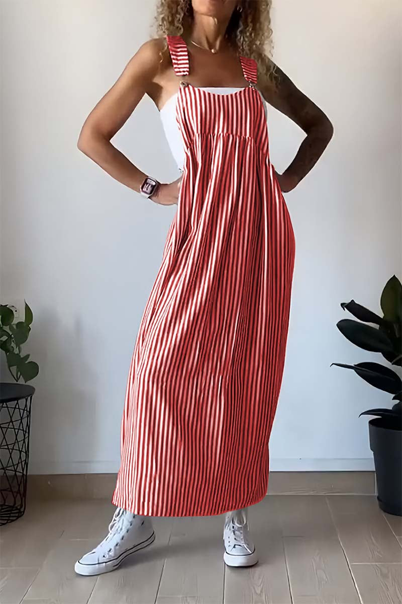 Women's Pinafore Dress - Maxi Length - Vertical Striped - Relaxed Fit Casual Wear