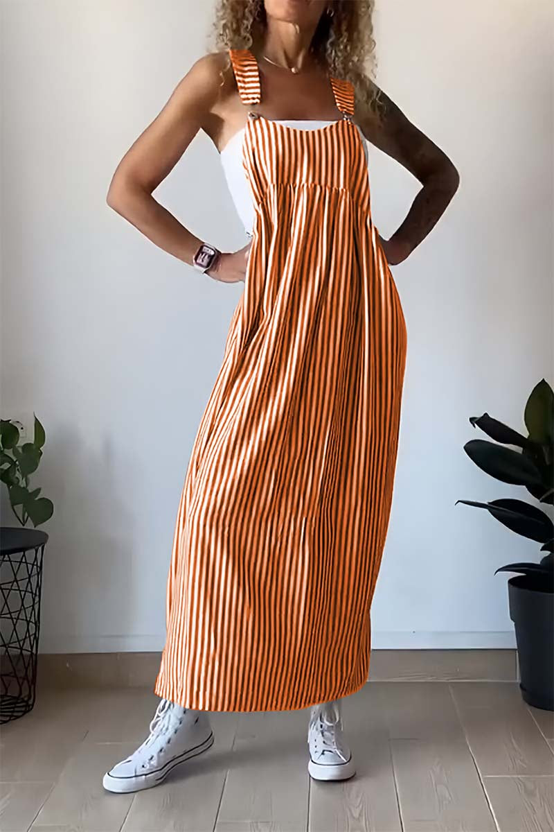 Women's Pinafore Dress - Maxi Length - Vertical Striped - Relaxed Fit Casual Wear