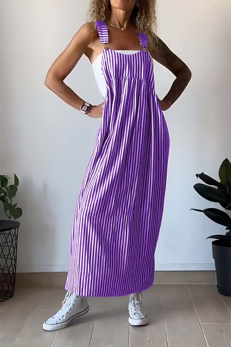 Women's Pinafore Dress - Maxi Length - Vertical Striped - Relaxed Fit Casual Wear