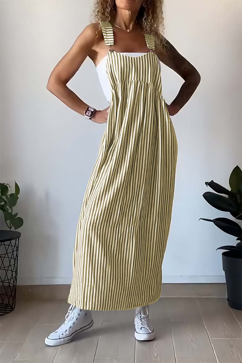 Women's Pinafore Dress - Maxi Length - Vertical Striped - Relaxed Fit Casual Wear