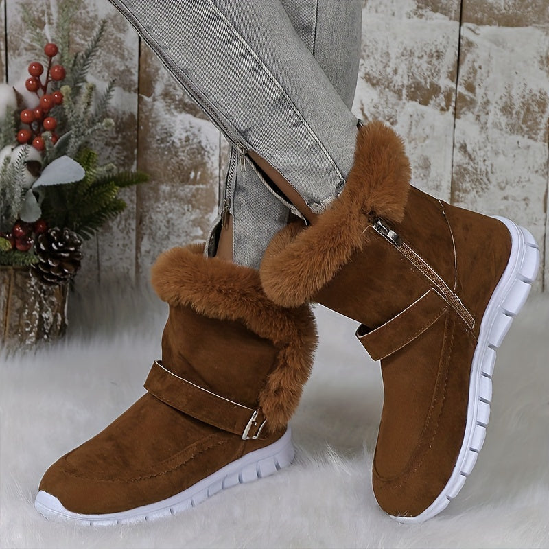 Women's snow boots with buckle and side zipper