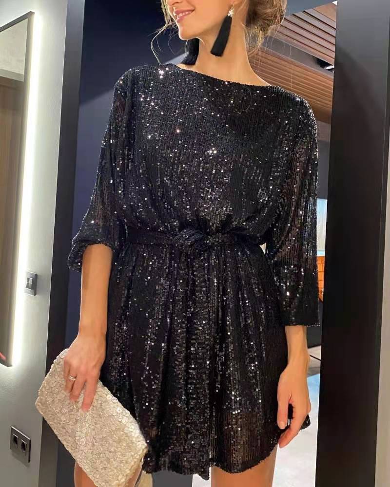 Women's Sequin Dress - Boat Neck - Three-Quarter Sleeve - Cinched Waist Elegant Fit