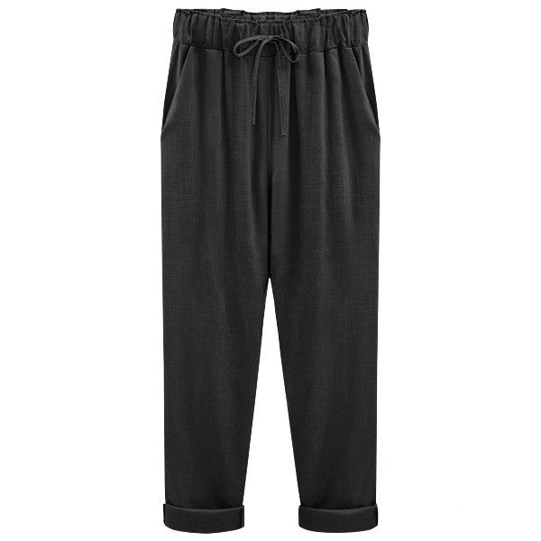 Women's Linen Pants - Loose Fit - Elastic Waist with Drawstring - Cropped Casual Wear