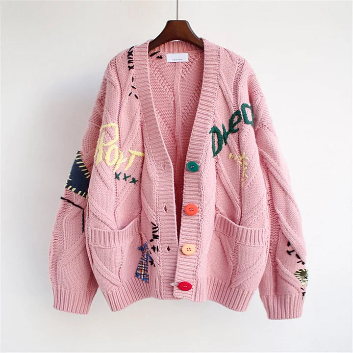 Women’s Knit Cardigan - Oversized Fit - Chunky Texture - Embroidered Details - Button Front
