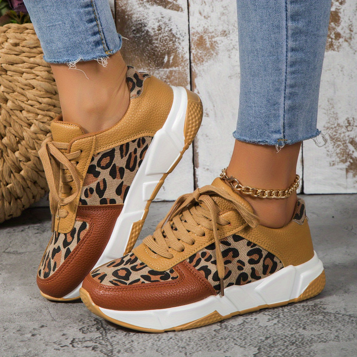 Women's Sneakers - Chunky Sole - Lace-Up - Faux Leather & Fabric - Animal Print