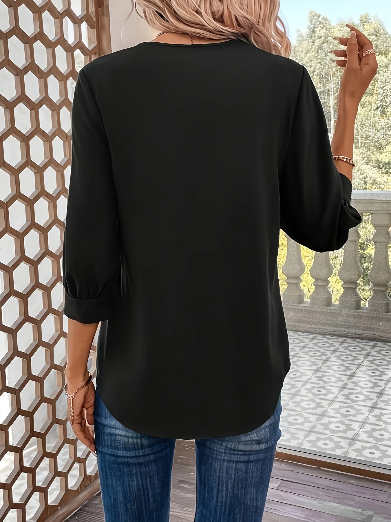 Women's V-Neck Blouse - Notched Lapel Collar - Three-Quarter Sleeves - Relaxed Fit