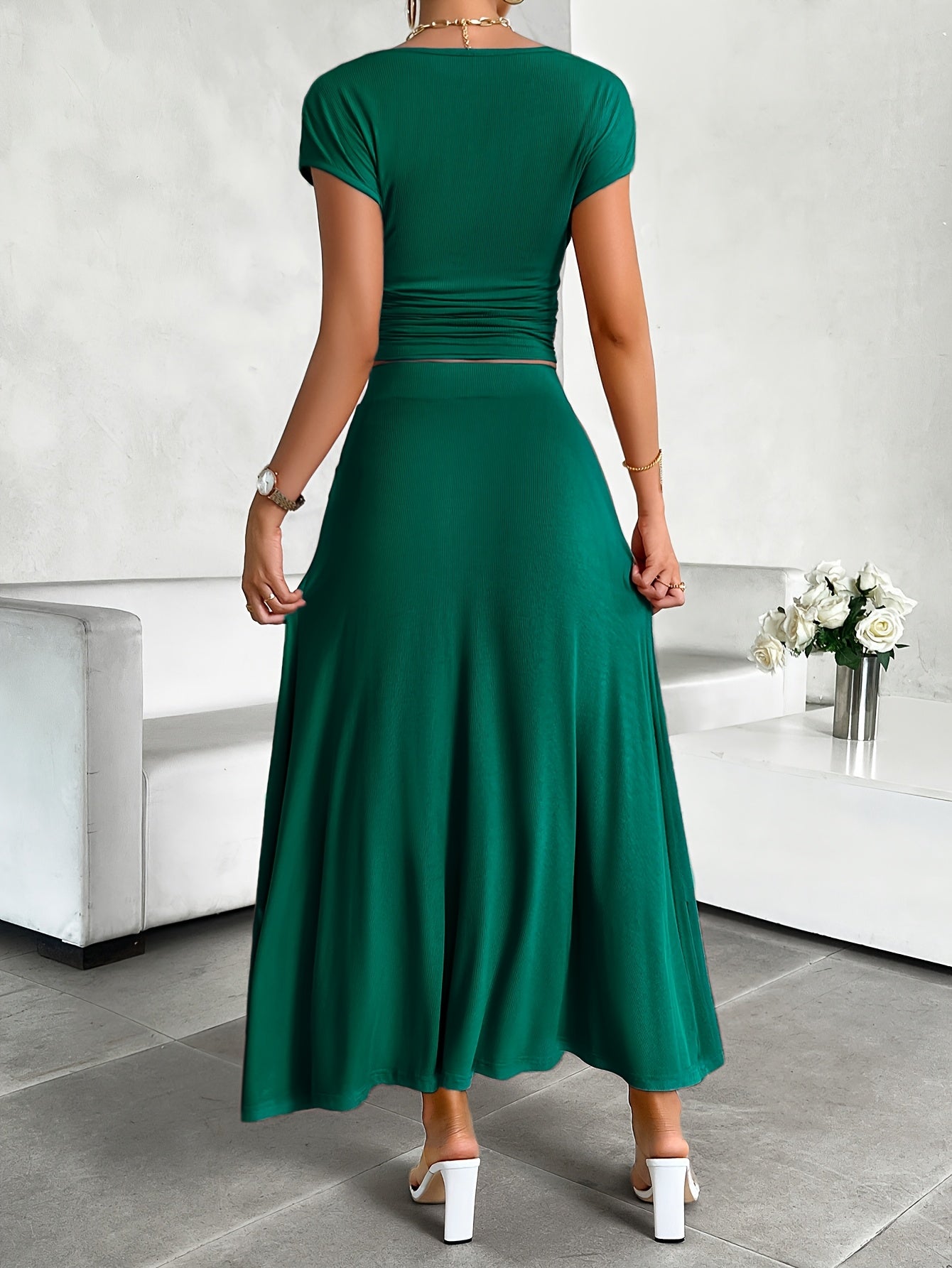 Women's A-Line Dress - Ribbed Knit - Fitted Bodice - Cap Sleeve Elegant Style