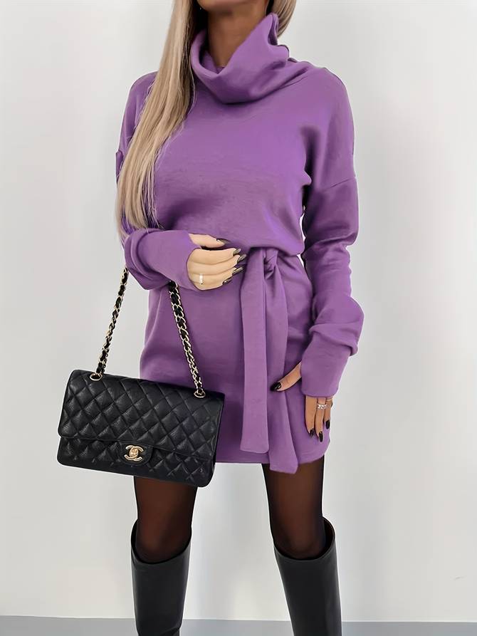 Women's Sweater Dress - Oversized Cowl Neck - Long Sleeve Belted Knit