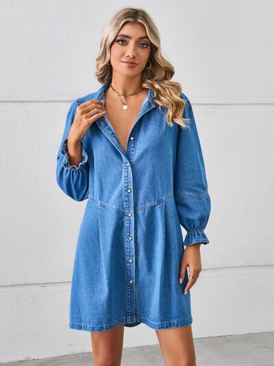 Women's Denim Shirt Dress - Button Down - Relaxed Fit - Long Sleeve Casual Wear