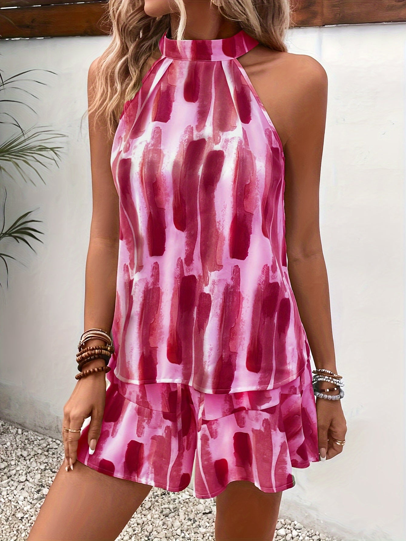 Women's Halter Neck Romper - Sleeveless Tie-Back - Flowy Layered Shorts