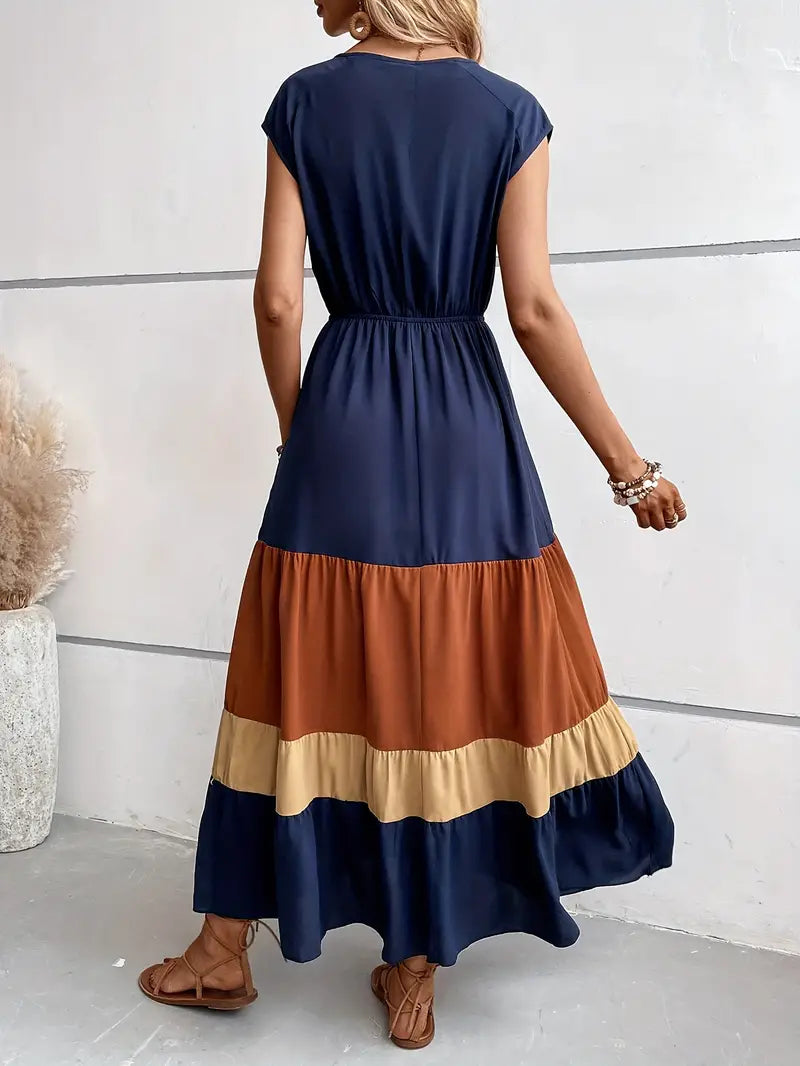 Women's Maxi Dress - V-Neck Short Sleeve - Cinched Waist Flowing Fit - Asymmetrical Hem