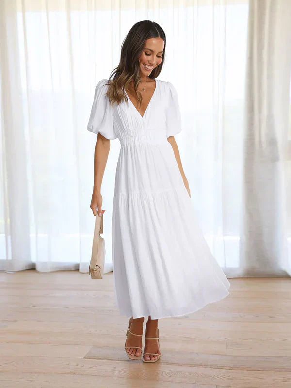 Lightweight Fitted Puff Sleeve Midi Dress