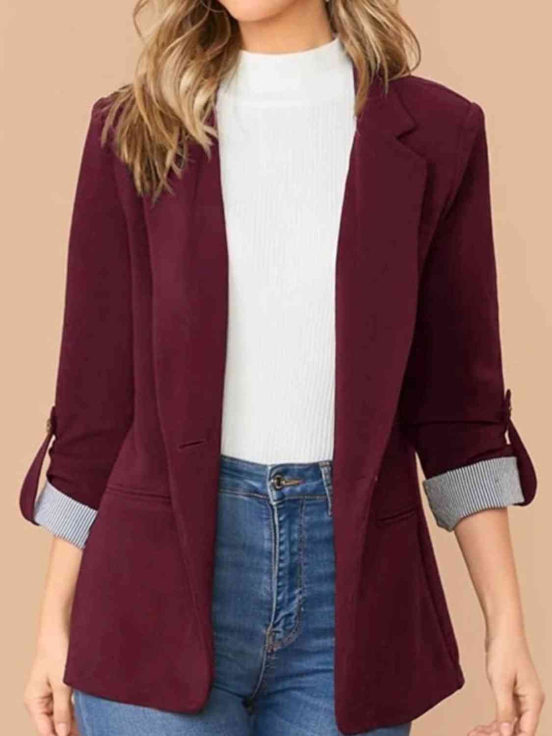 Women's Tailored Blazer - Notched Lapel - Three-Quarter Roll-Tab Sleeves - Open Front