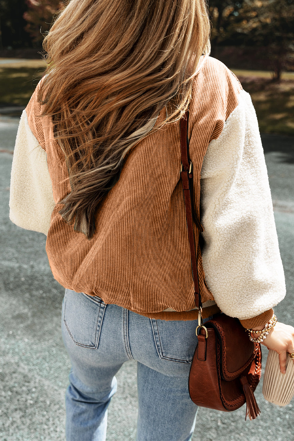 Women’s Jacket - Corduroy Body with Sherpa Sleeves - Button Front - Relaxed Fit Casual Wear