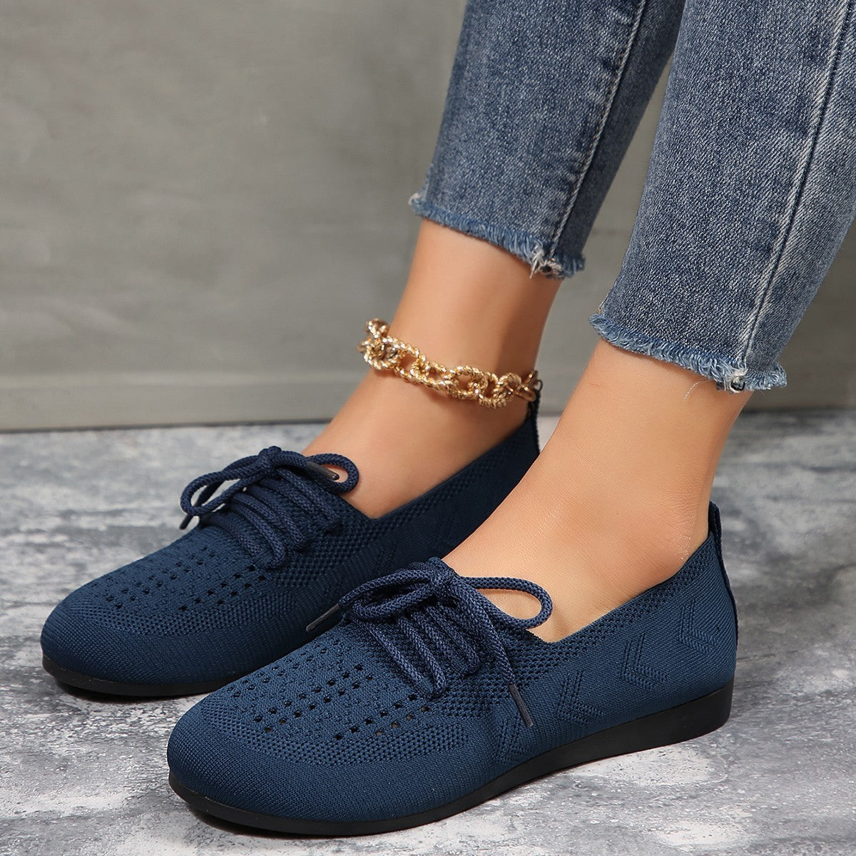 Women's Lace-Up Shoes - Breathable Knit Upper - Lightweight Casual Wear