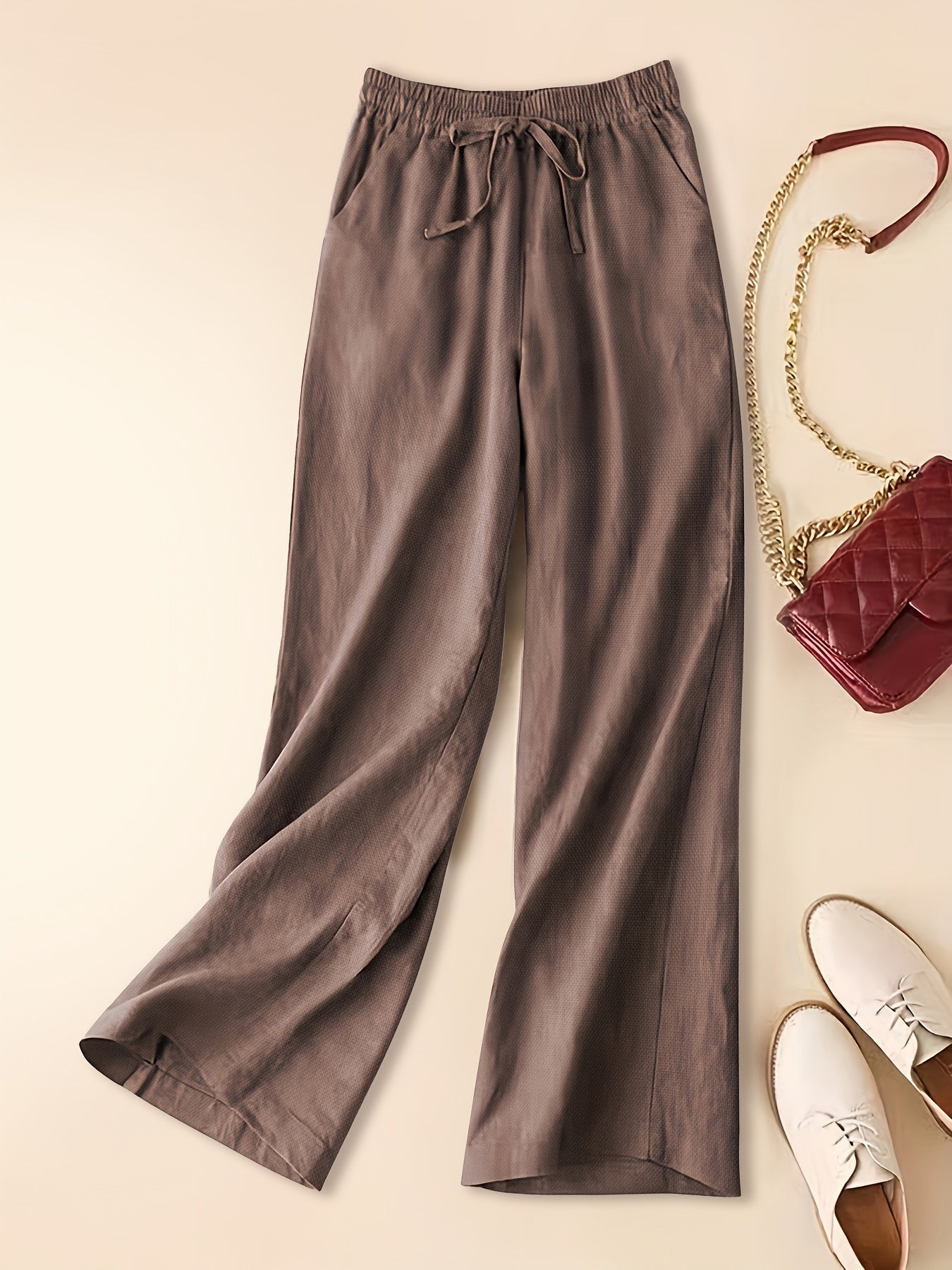 Women's Linen Wide-Leg Pants - Elastic Waist - Lightweight Breathable Fabric - Full Length