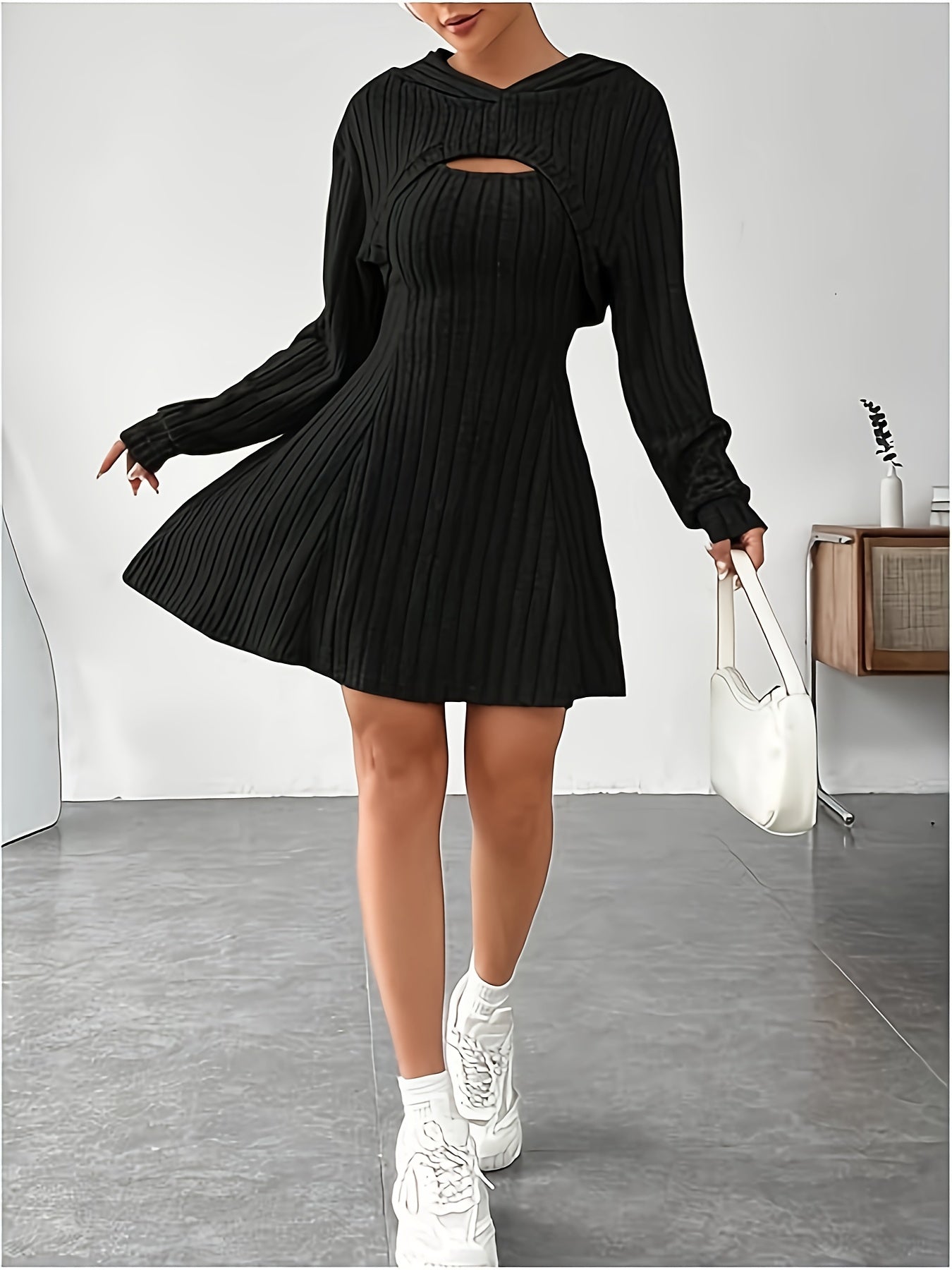 Two-piece ribbed knit skater dress with cropped hooded cardigan for women