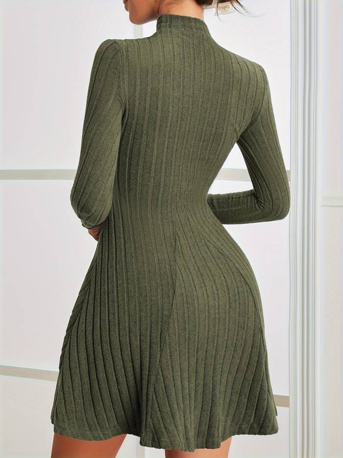 Women's Ribbed Knit Dress - Fit-and-Flare - Long Sleeve Mock Neck Elegant Style