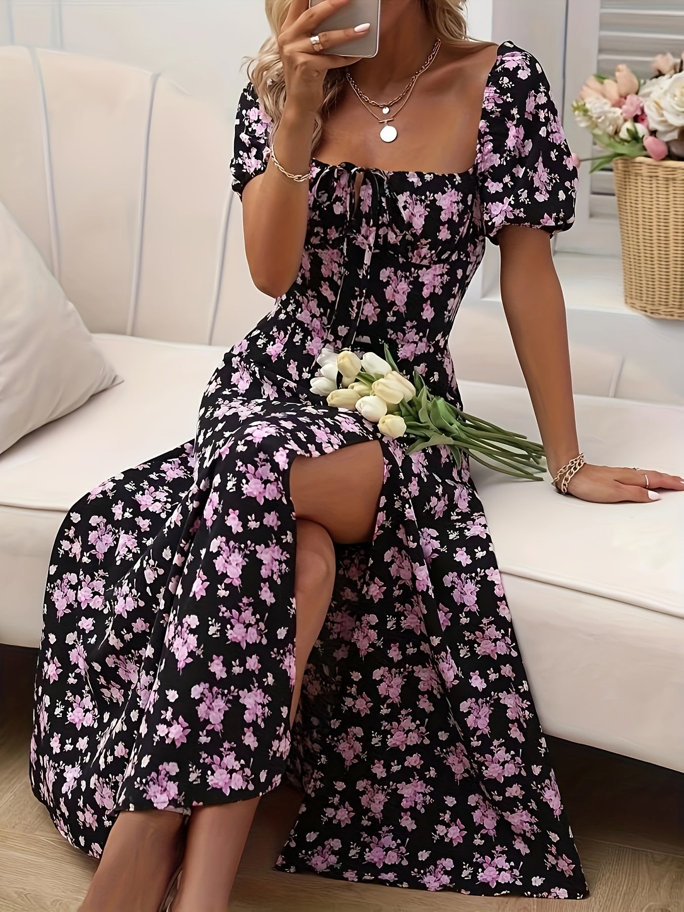 Elegant Floral Print Slim Fit Slit Dress