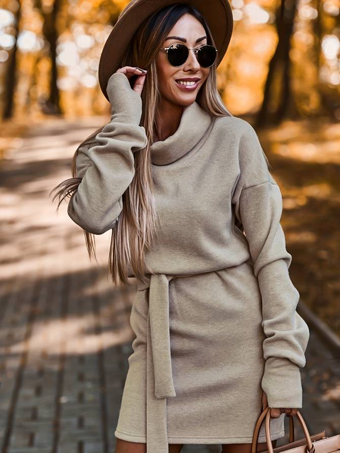 Women's Sweater Dress - Oversized Cowl Neck - Long Sleeve Belted Knit