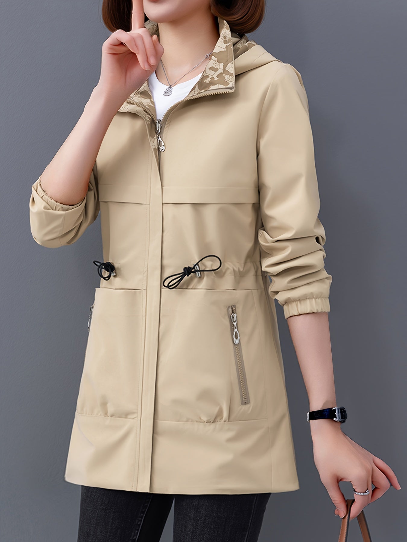 Women's stylish double-sided hooded coat with pockets