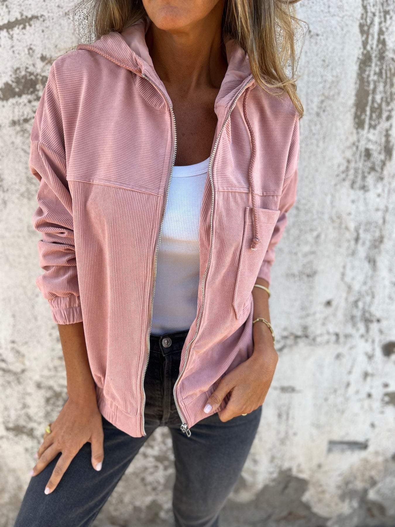 Women's Cozy Jacket - Hooded Zip-Up - Adjustable Waist - Casual Wear
