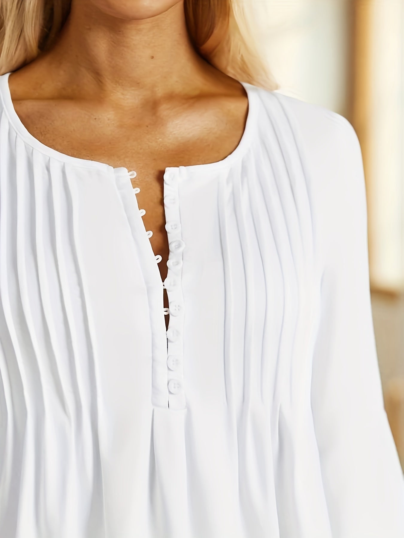 Pleated V-Slit Neckline Flare Sleeve Blouse