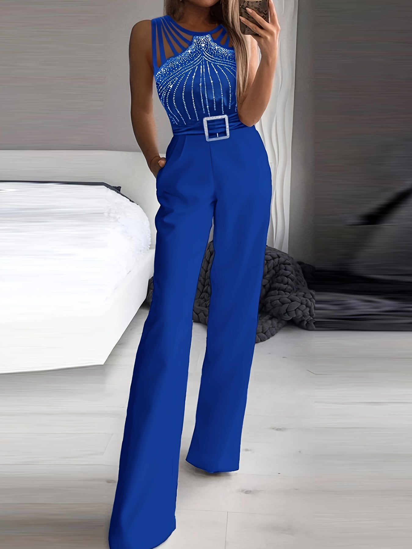 Women's Jumpsuit - Strappy Shoulder Design - Embellished Fitted Bodice - Wide-Leg Belted Waist