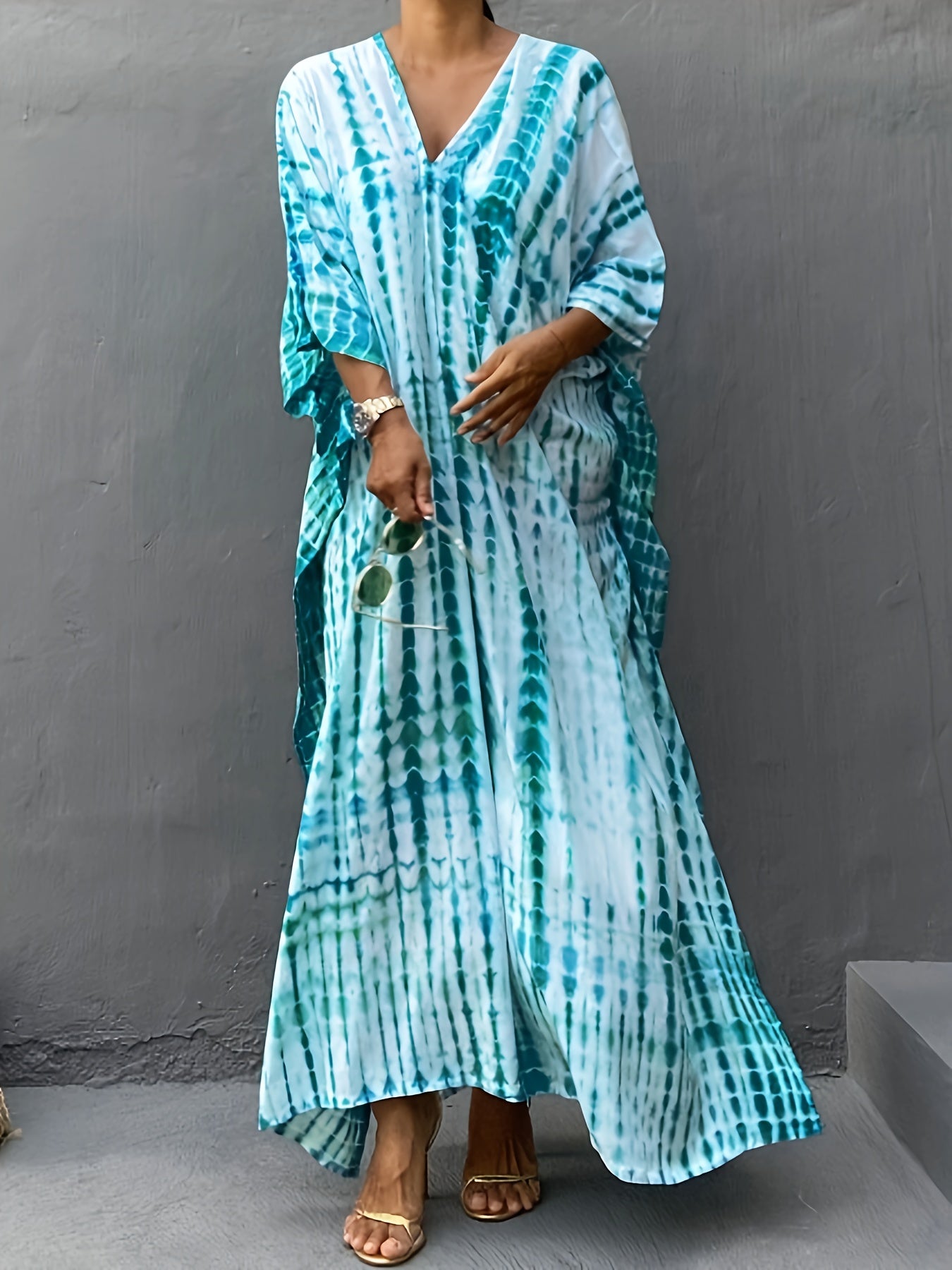 Tie-dye v-neck flowy kaftan maxi dress for women