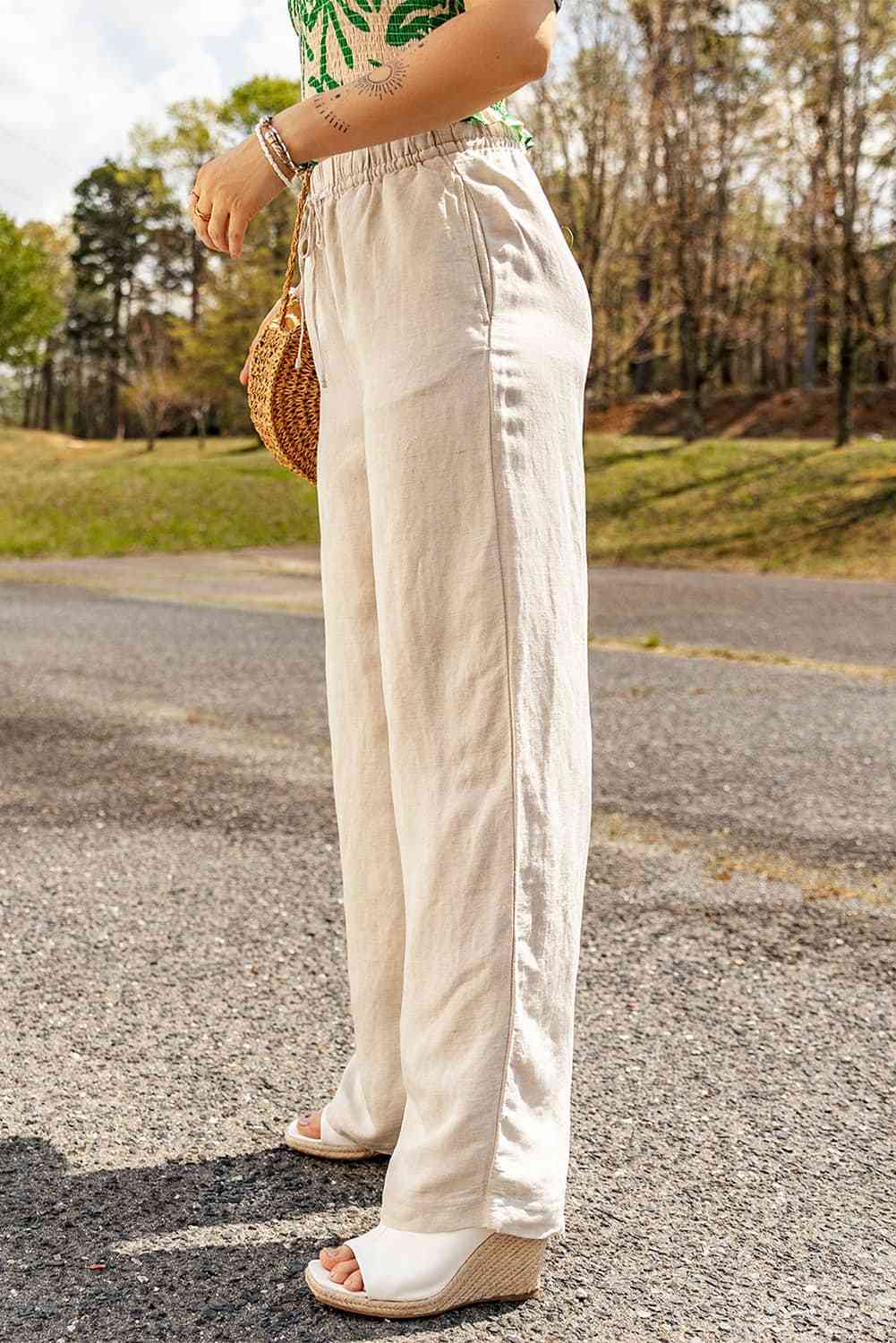 Cotton Linen Blend Relaxed Fit Wide-Leg Pants