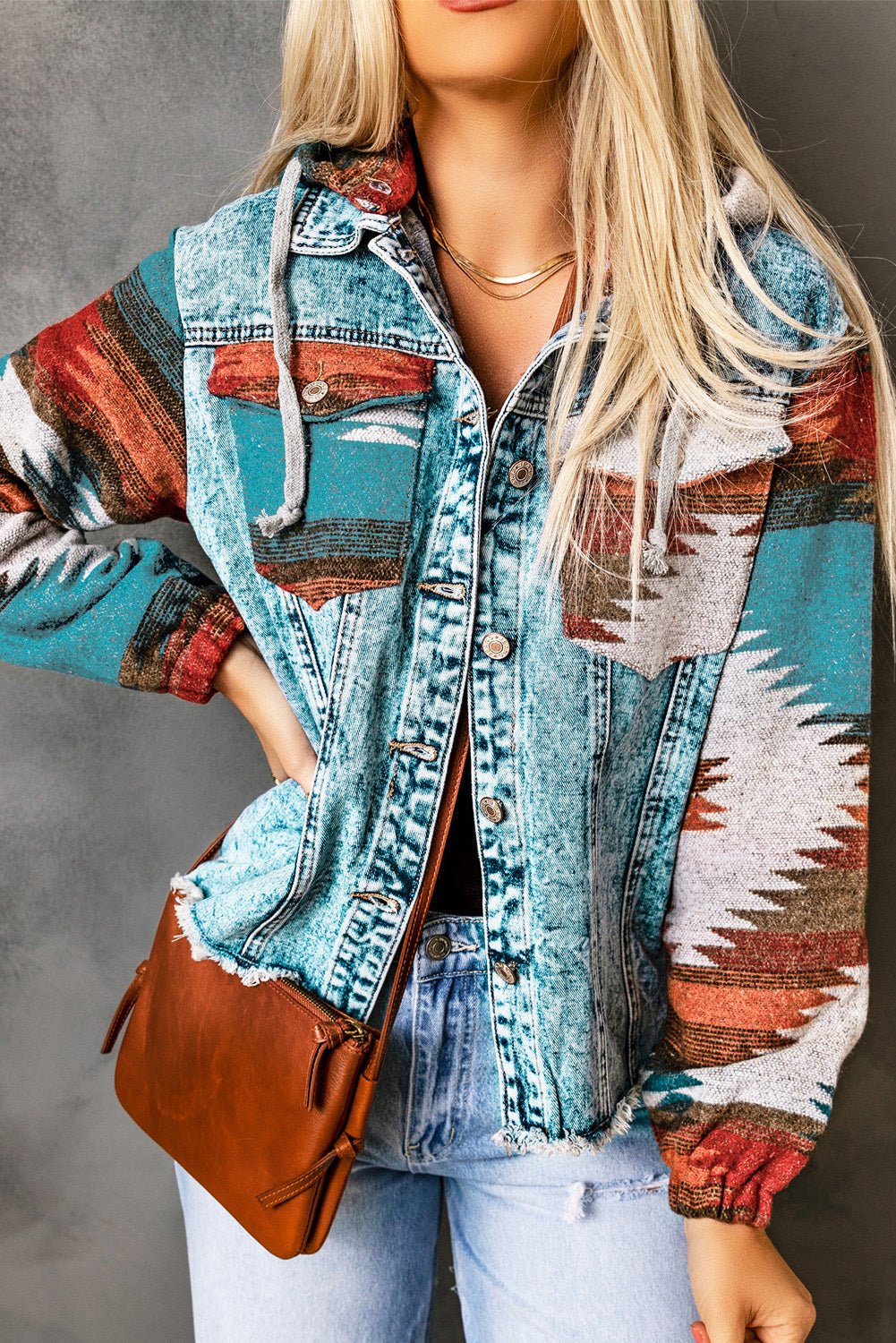 Elegant denim patchwork jacket with button-down design for women