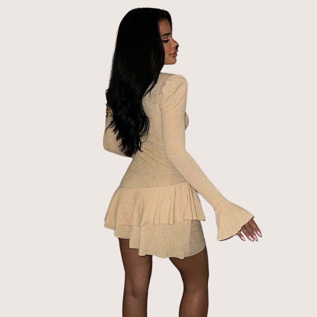 Women's Mini Dress - Deep V-Neck - Long Sleeve with Flared Cuffs - Fitted Silhouette