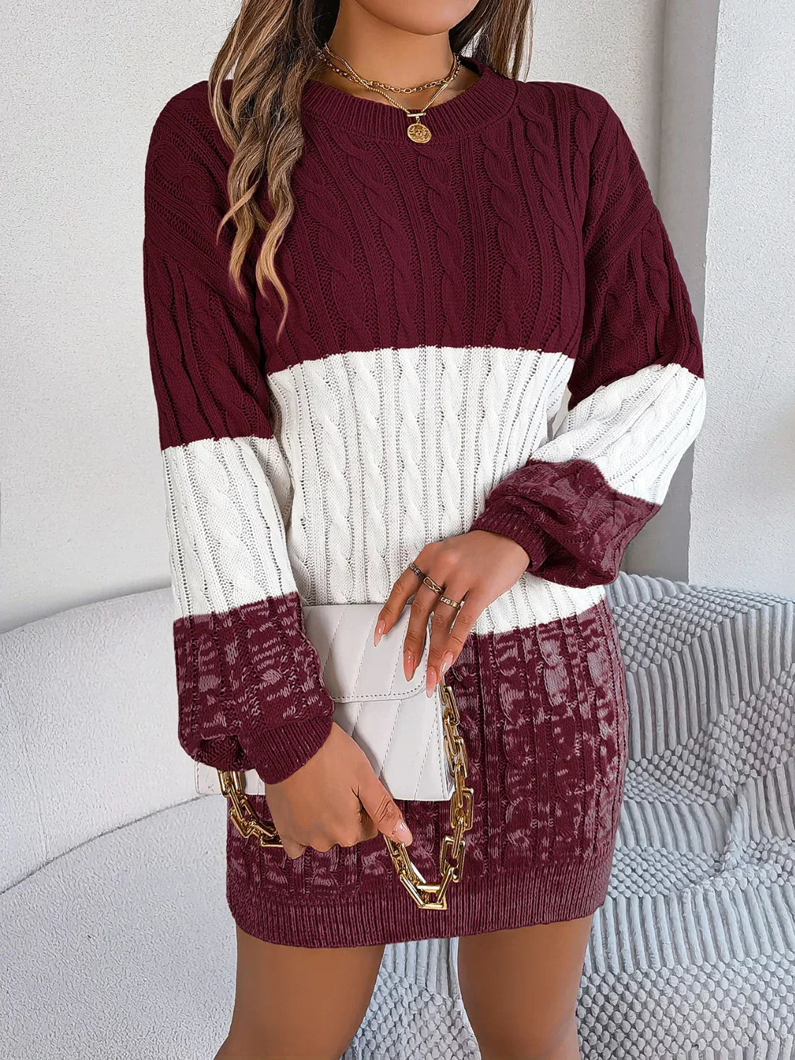 Women's Sweater Dress - Cable Knit - Color Block - Long Sleeve - Relaxed Fit