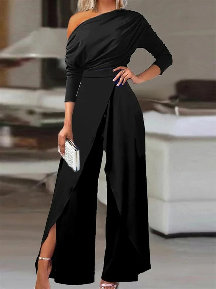 Women's One-Shoulder Jumpsuit - Draped Fit - Wide-Leg Elegant Evening Wear
