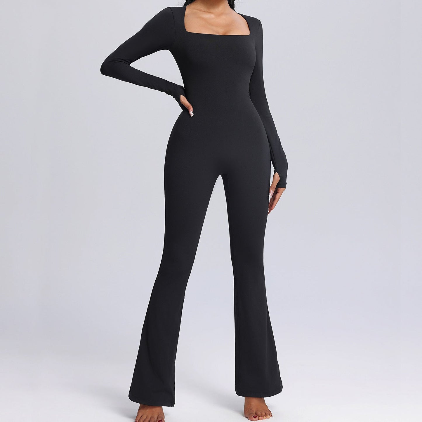 Women's Long-Sleeve Wide-Leg Jumpsuit - Breathable Yoga & Fitness Bodysuit