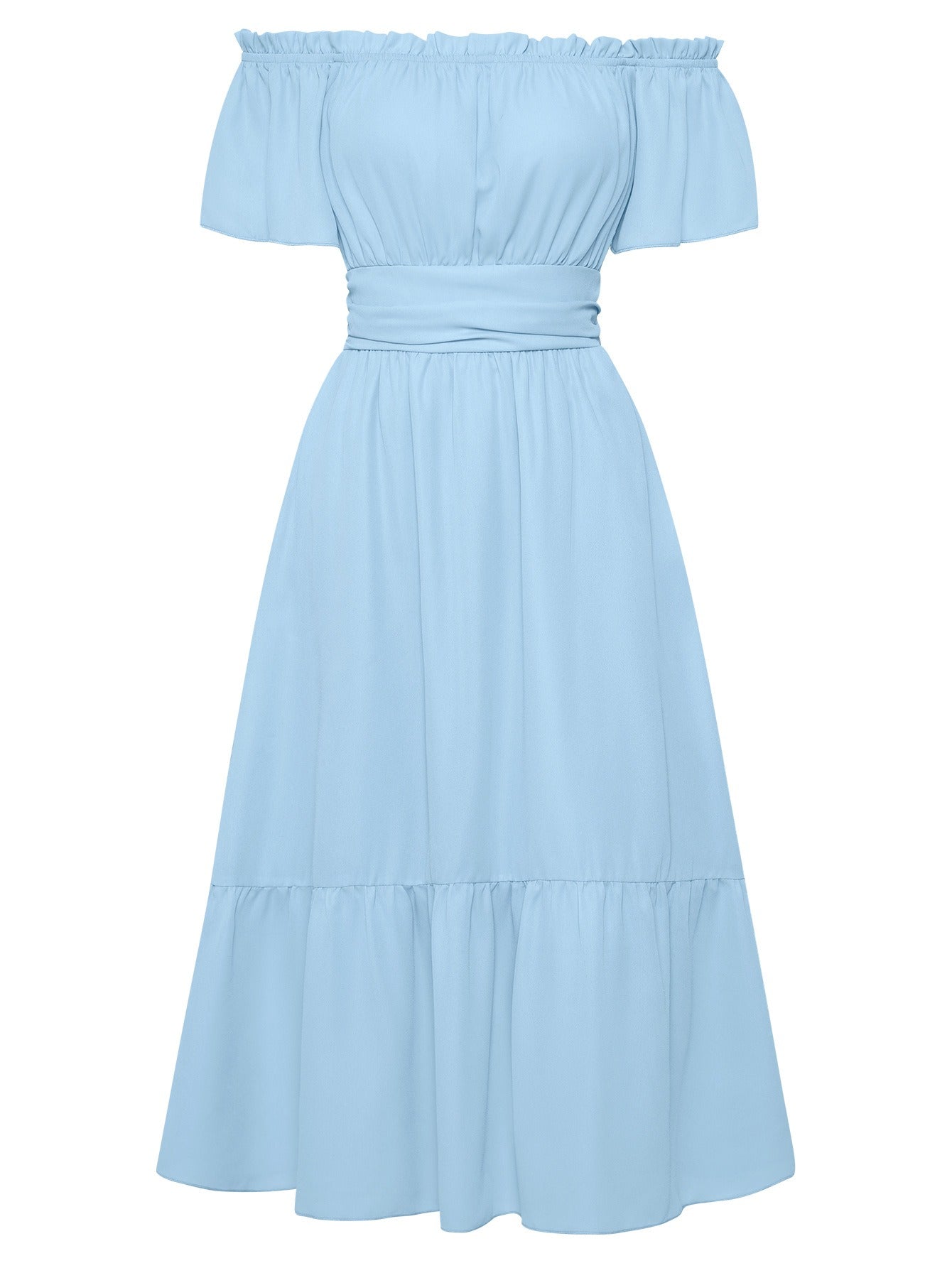 Women's Off-Shoulder Dress - Cinched Waist - Ruffled Hem - Lightweight Elegant Fit