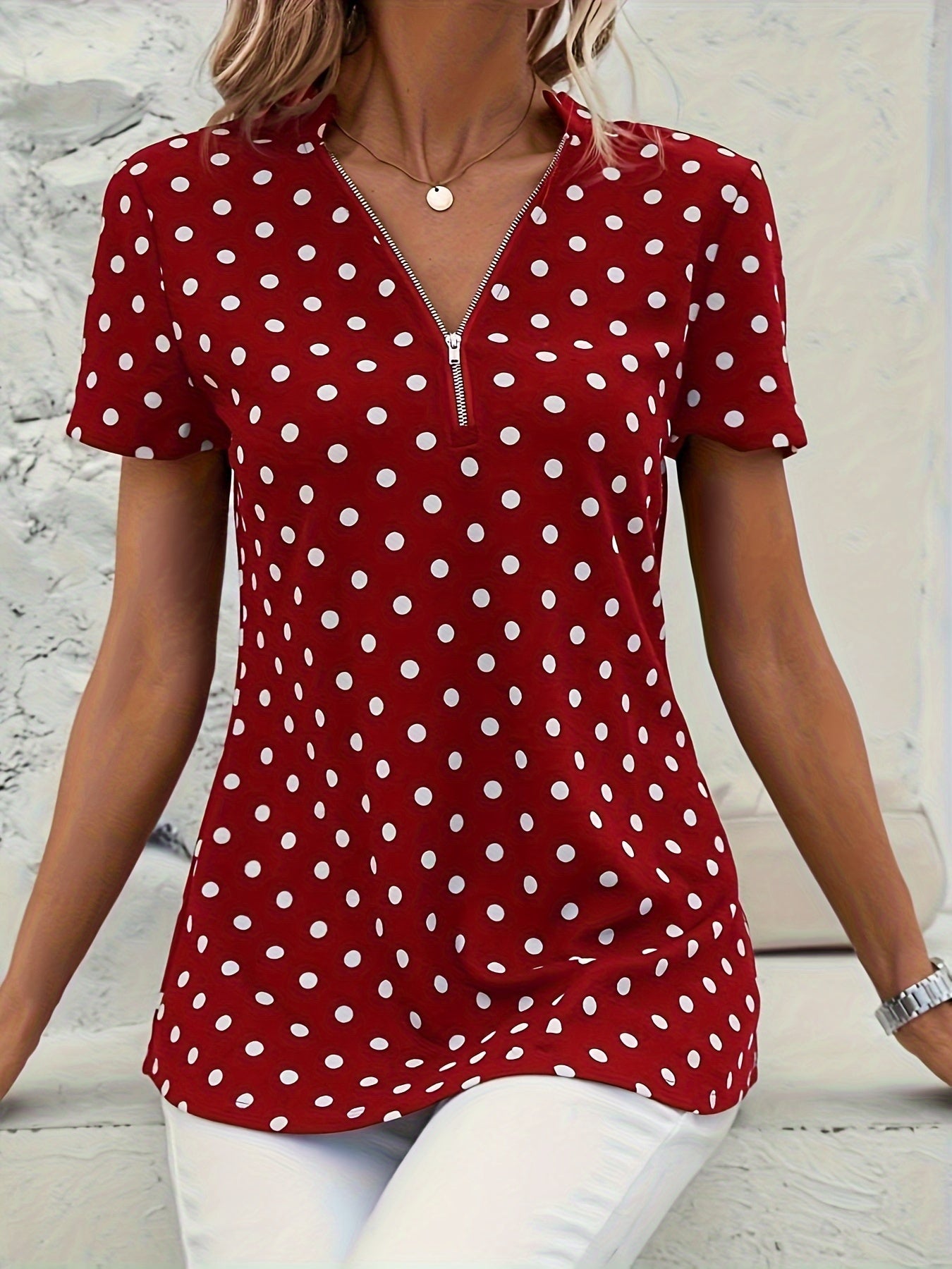 Women's Polka Dot Blouse - V-Neck with Zipper - Short Sleeve - Relaxed Fit