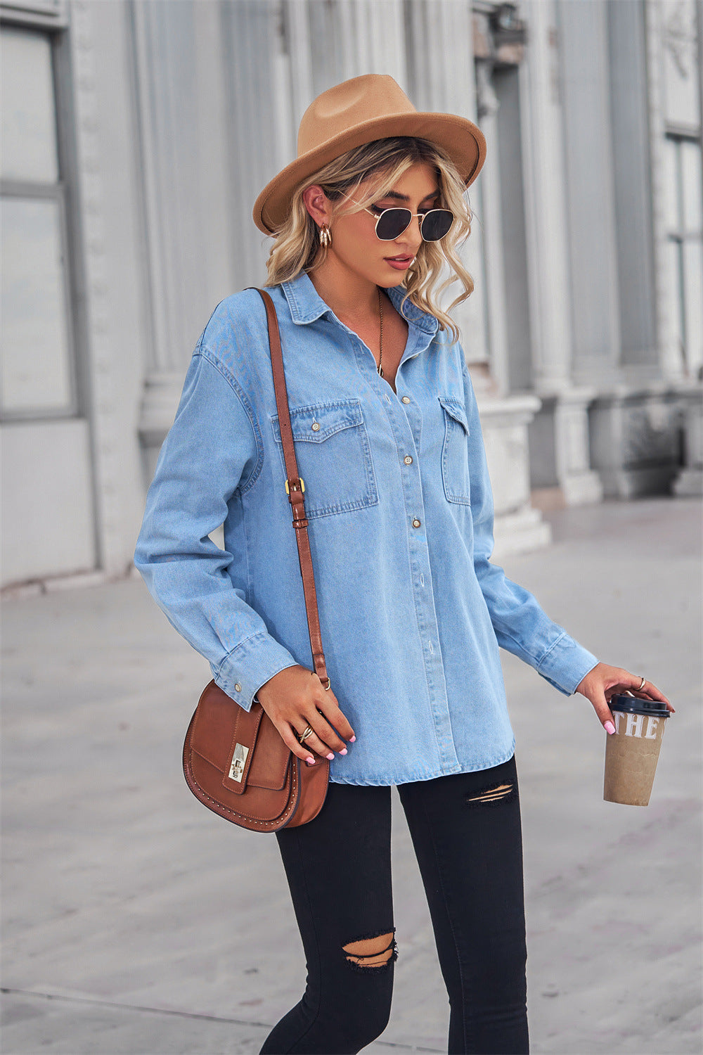 Women's Denim Shirt - Relaxed Fit - Button Down - Long Sleeve - Chest Pockets