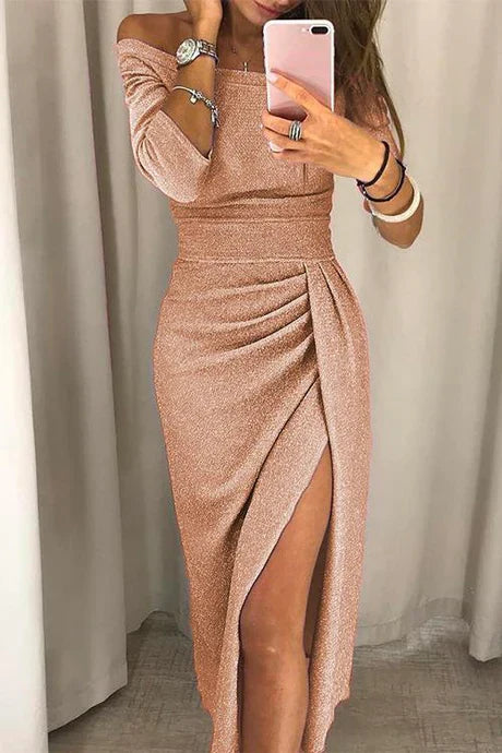 Women's Evening Dress - Off-Shoulder - Ruched Fit - High Slit - Shimmer Finish