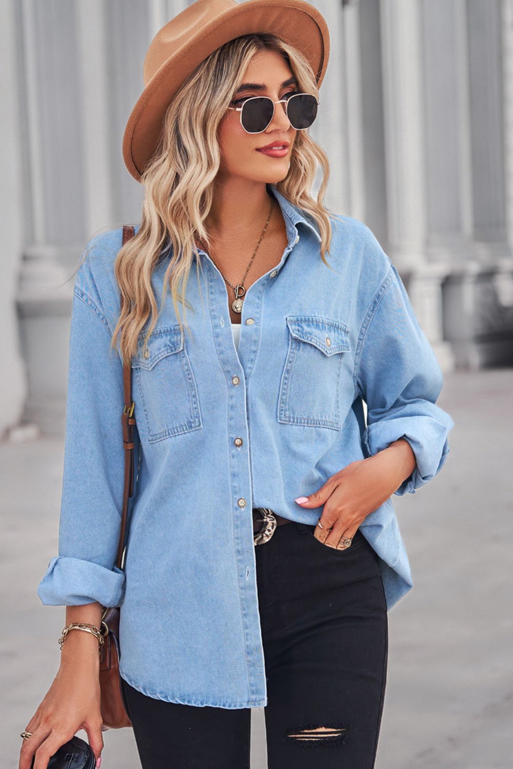 Women's Denim Shirt - Relaxed Fit - Button Down - Long Sleeve - Chest Pockets