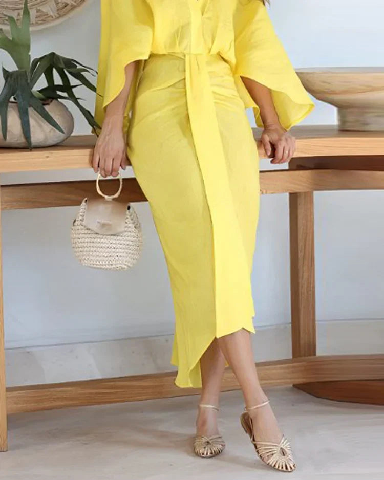 Women's Midi Dress - V-Neck - Kimono Sleeves - Adjustable Waist - Flowy Elegant Fit