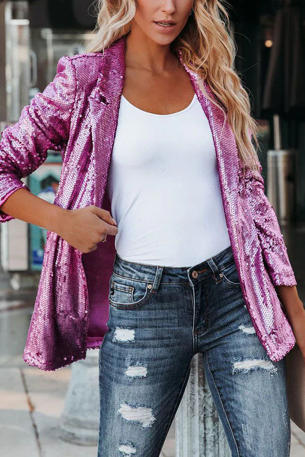 Women's Sequin Long Sleeve Lapel Blazer - Elegant Sparkly Outerwear, Party Wear, Statement Fashion