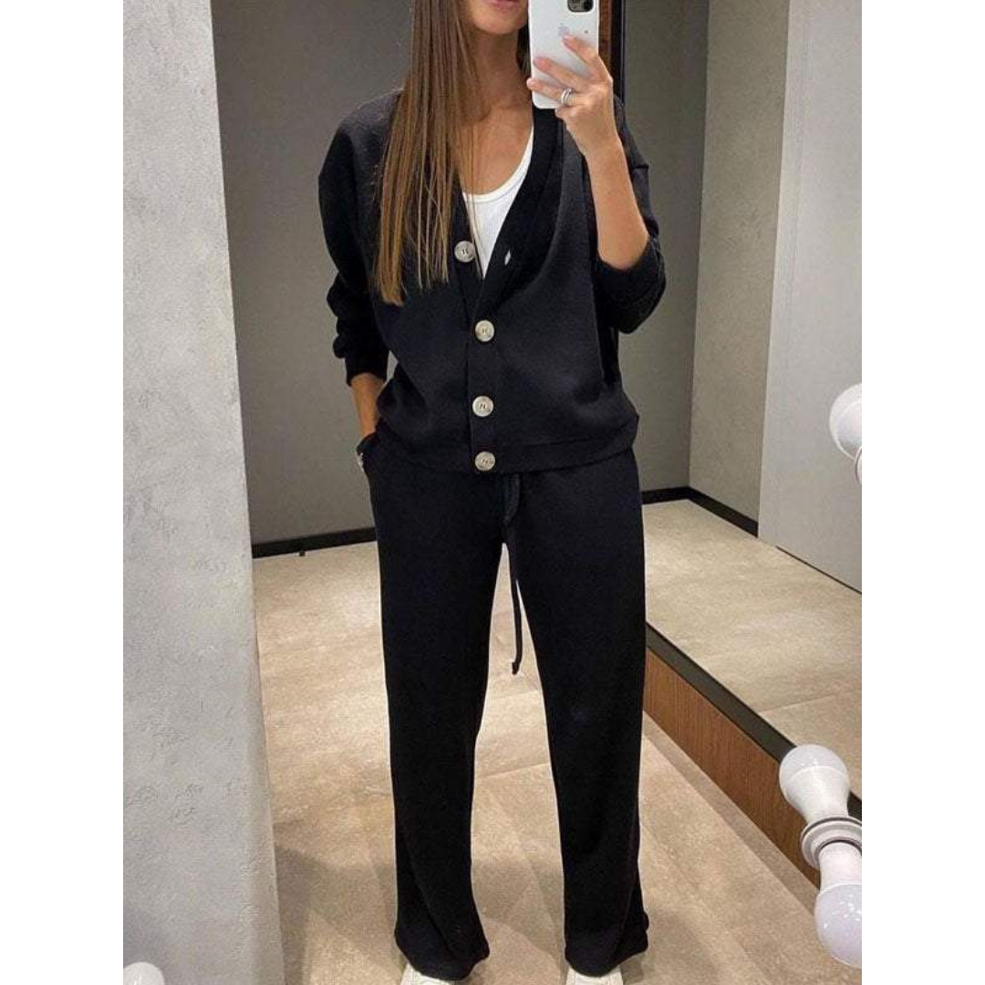 Women's v-neck button-down cardigan and drawstring sweatpants set
