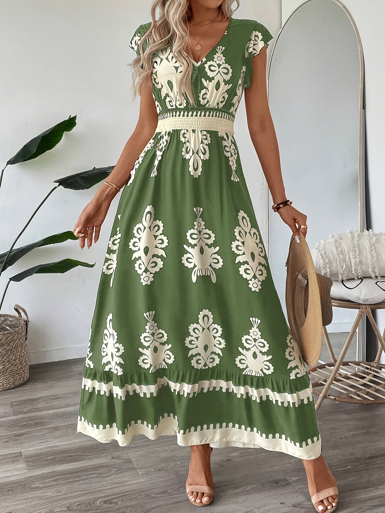Women's Maxi Dress - V-Neck - Cap Sleeve - Smocked Waist - Flowy Elegant Fit