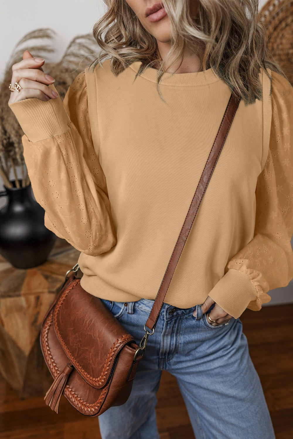 Lara - eyelet round neck long sleeve sweatshirt