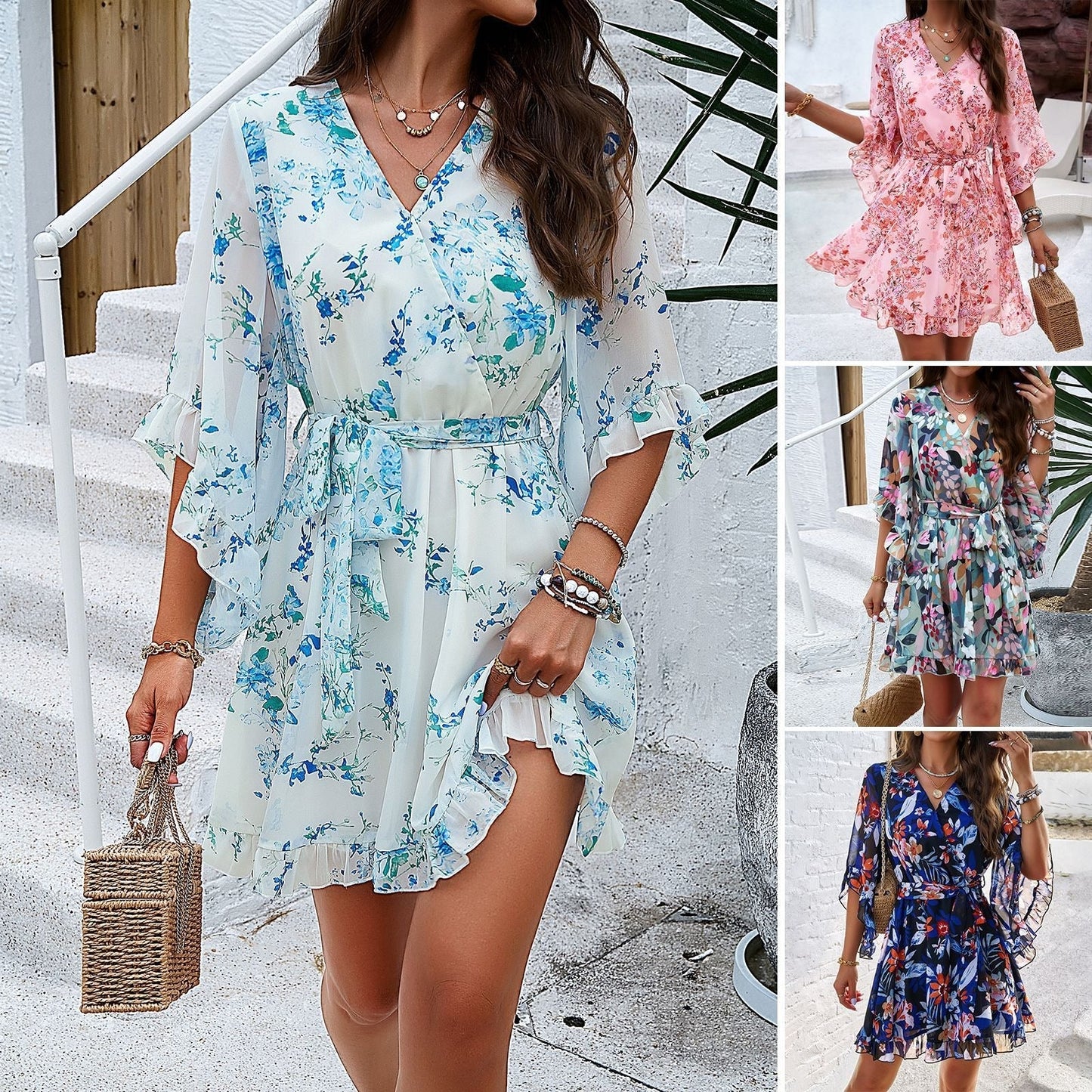 Women's Floral Dress - V-Neck - Ruffled Sleeves - Belted Waist - Flowy Lightweight Fit
