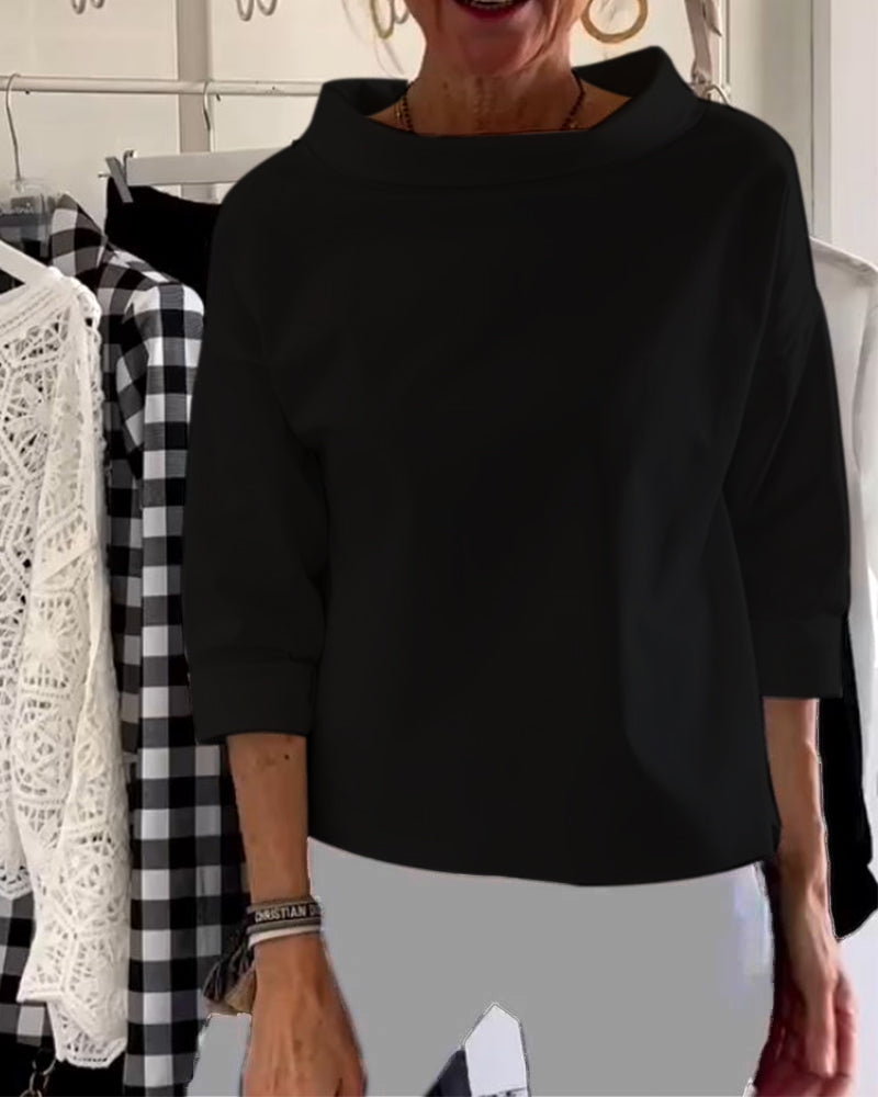 High-Neck Solid Color Long Sleeve Top