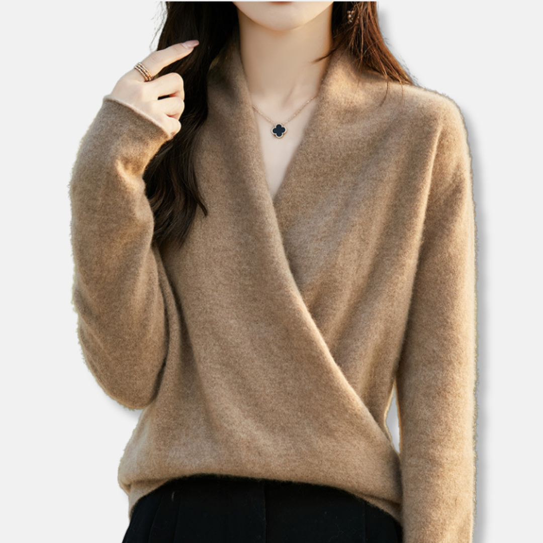 Women’s V-Neck Pullover Sweater – Wool Knit – Relaxed Fit – Long Sleeve Wrap Style