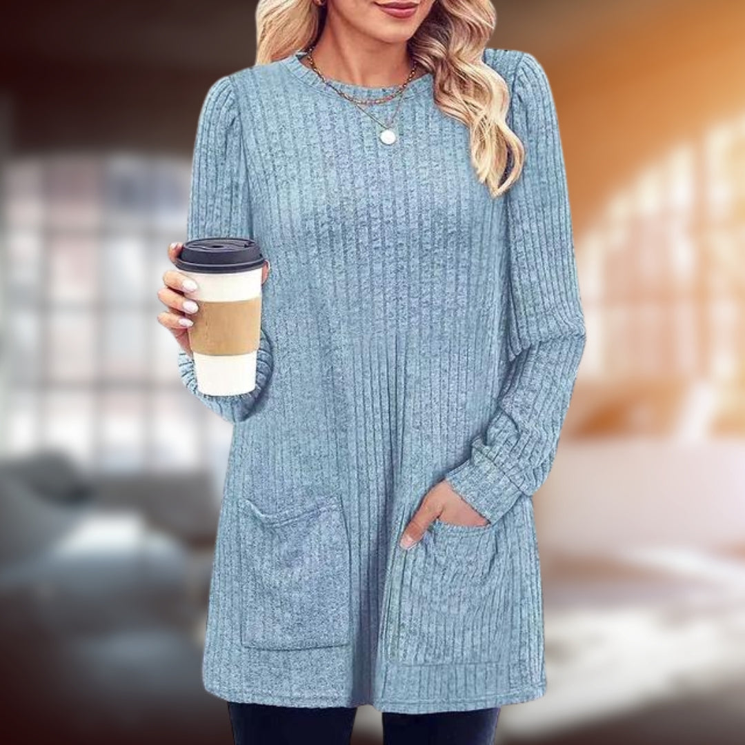 Women's mid-length knit round neck with pockets sweater