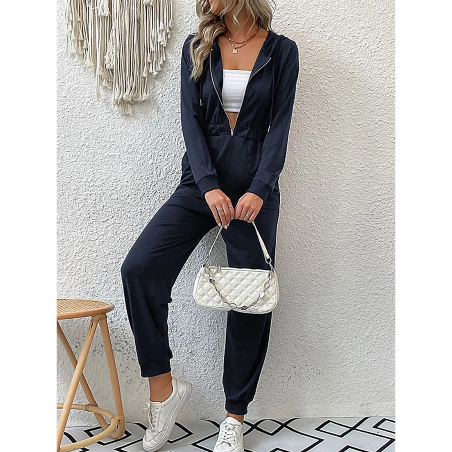 Women's Hooded Jumpsuit - Zip Front - Elastic Waist - Long Sleeve - Tapered Fit